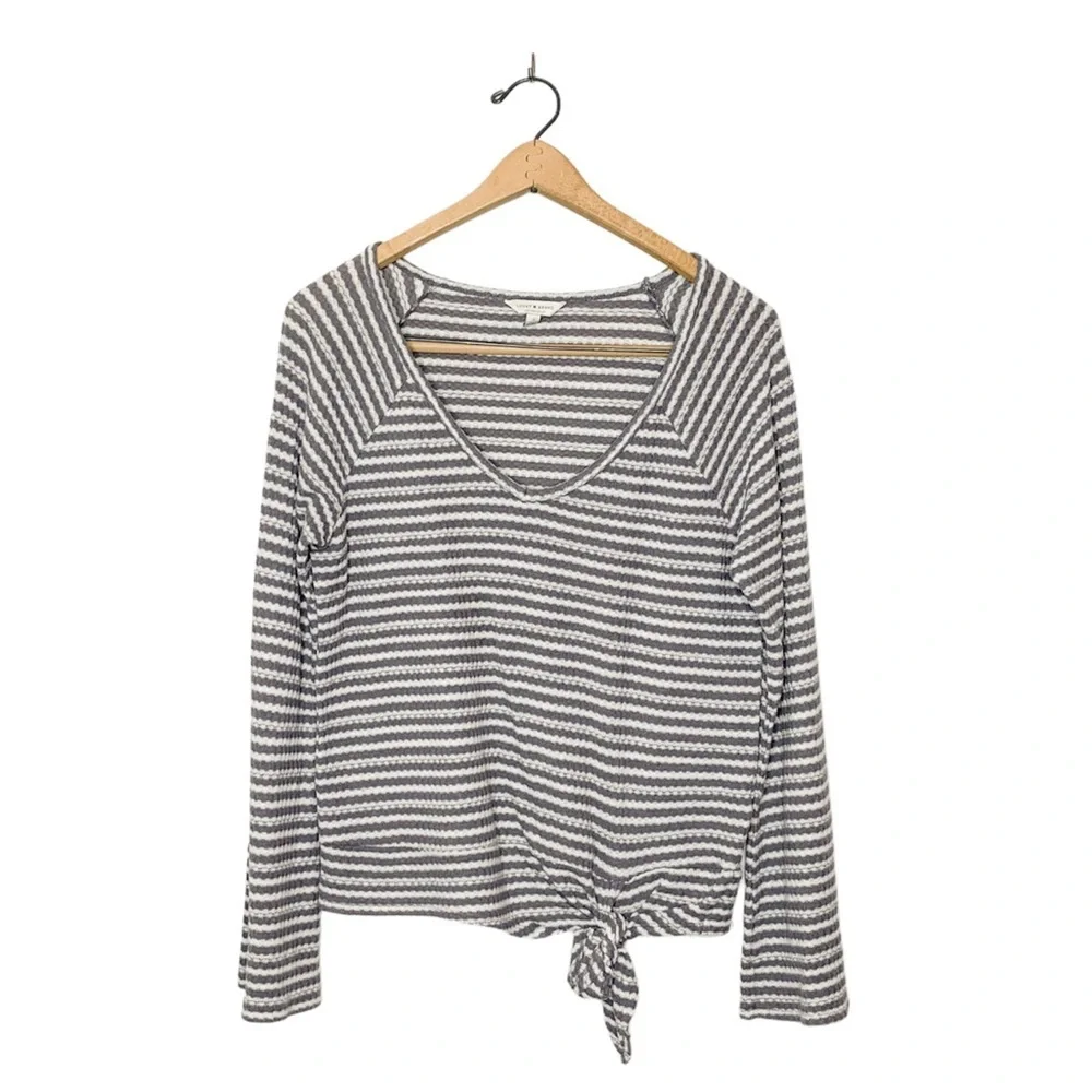 Lucky Brand Waffle Knit‎ Grey Stripe Tie Front Sweater Small S